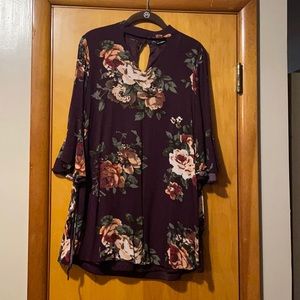 Size Small, bell sleeves, deep purple with floral pattern